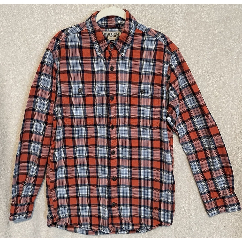 Duluth Trading Co Shirt Mens M Trim Fit Blue Red Plaid Pocket Cotton Button Down
